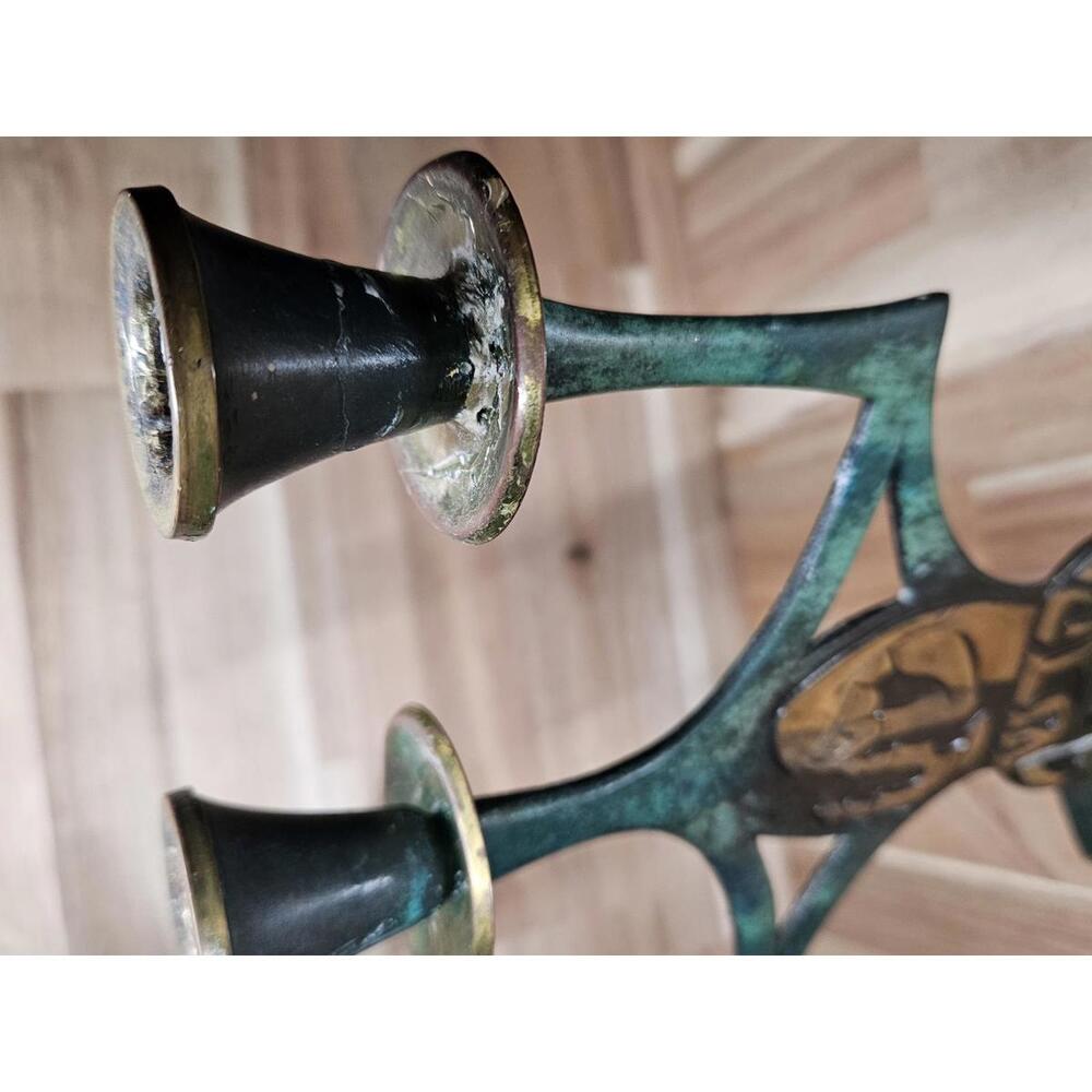 Vintage Mid-Century Modern Israeli Brutalist 3-Cup Candelabra Verdigris Brass - Picture 13 of 14